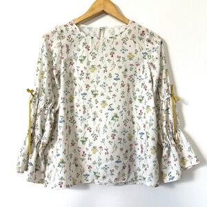 Couture Brooch Floral Blouse M Flare‎ Sleeve Cream Cottagecore Praire Spring